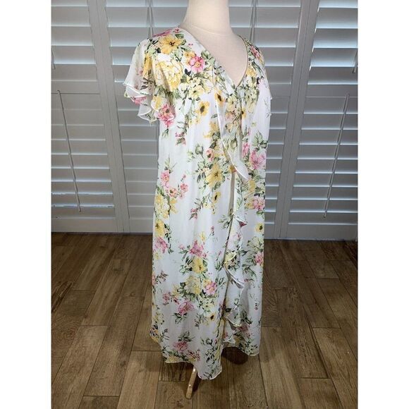Emma Michele White Pink Floral Chiffon Slip Dress 3X Flutter Sleeve Brunch NEW - Picture 2 of 12